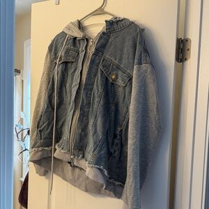 Denim and Gray Hoodie Jacket